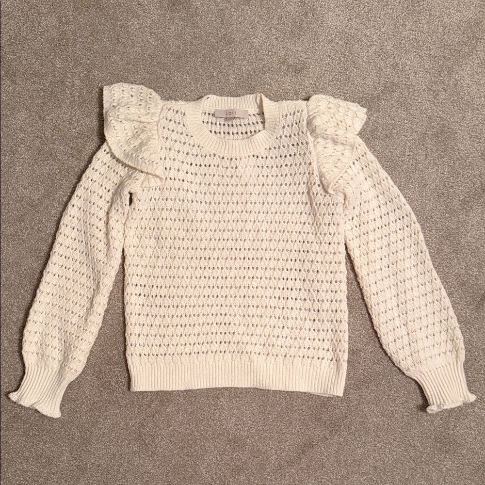 Loft White Sweater with Ruffle Details